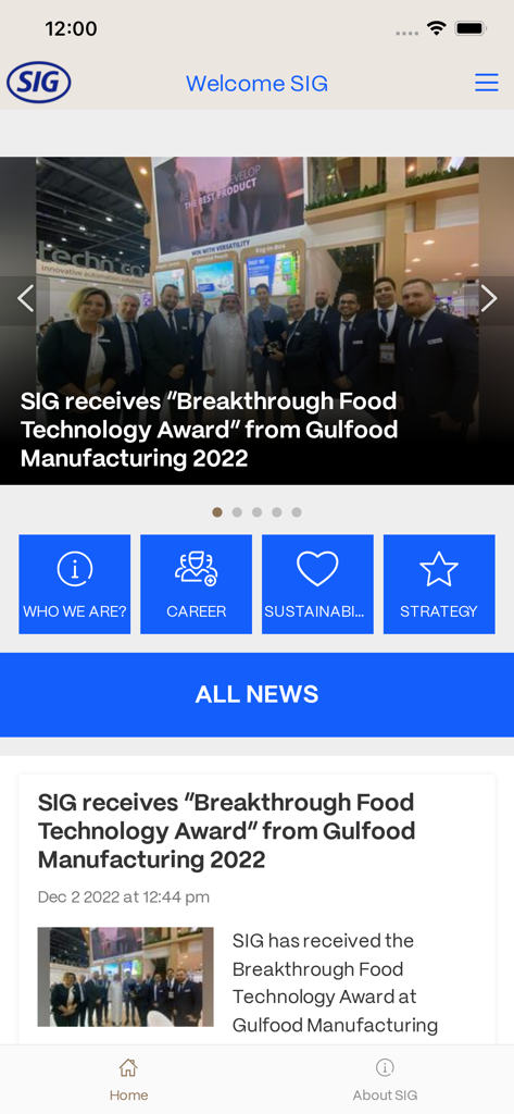 SIGer app - SIGer app home screen displaying corporate news updates and navigation tiles for careers and sustainability