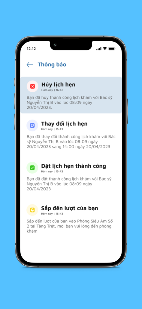 DYM Medical - DYM Medical App Benachrichtigungsbildschirm mit Terminbuchungs- und Statusaktualisierungen