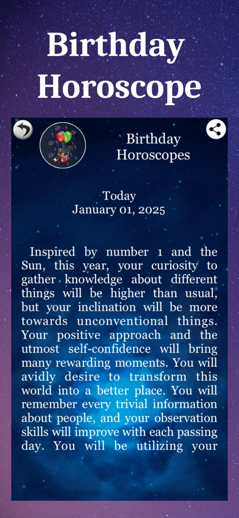 A birthday horoscope prediction for January 1st displaying astrological insights on a starry night background