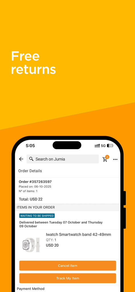 Jumia app interface showing order details for a smartwatch band with options to track the item and a banner for free returns