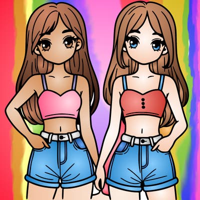 two sisters with crop tops and jean shorts and straight hair