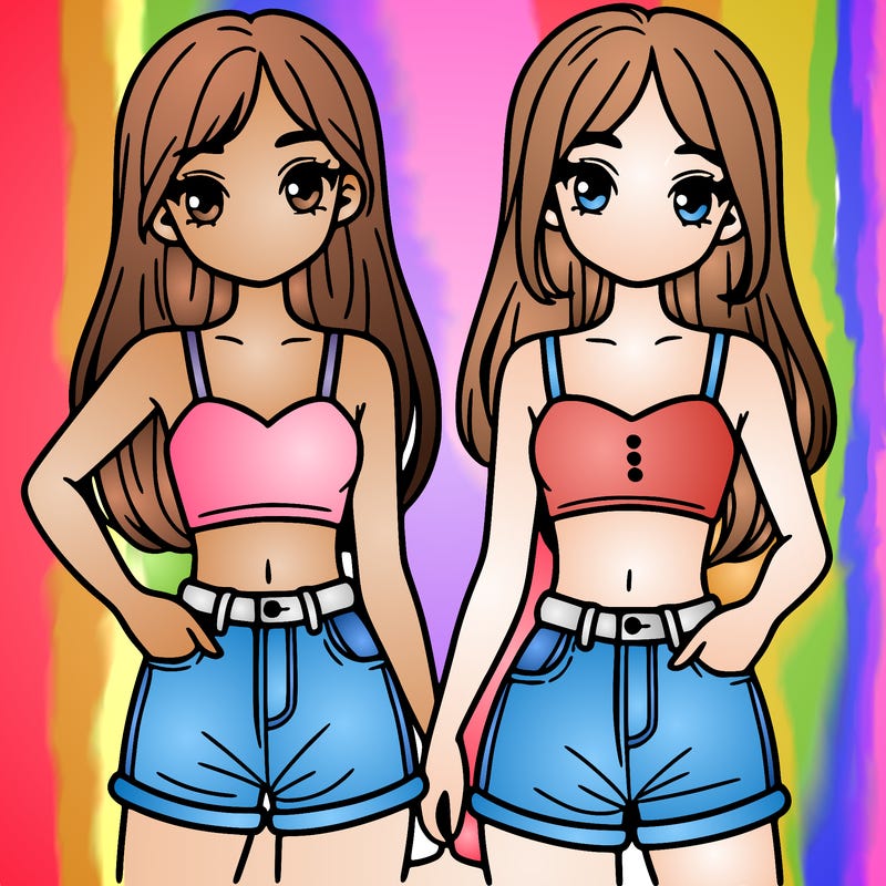 two sisters with crop tops and jean shorts and straight hair