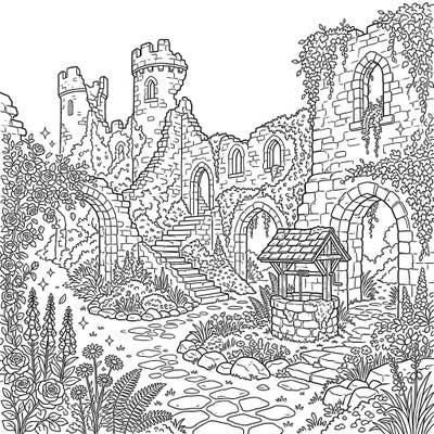 Step into a forgotten realm where ancient history meets pastoral charm with our Cottagecore Castle Ruins coloring page. This intricate design invites you to bring life to overgrown stone, lush greenery, and a quaint wishing well.
