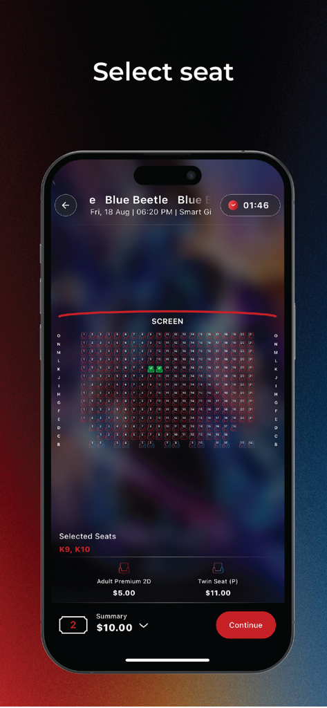 Legend Cinema - Mobile app interface of Legend Cinema showing the theater seat selection screen for a movie booking.