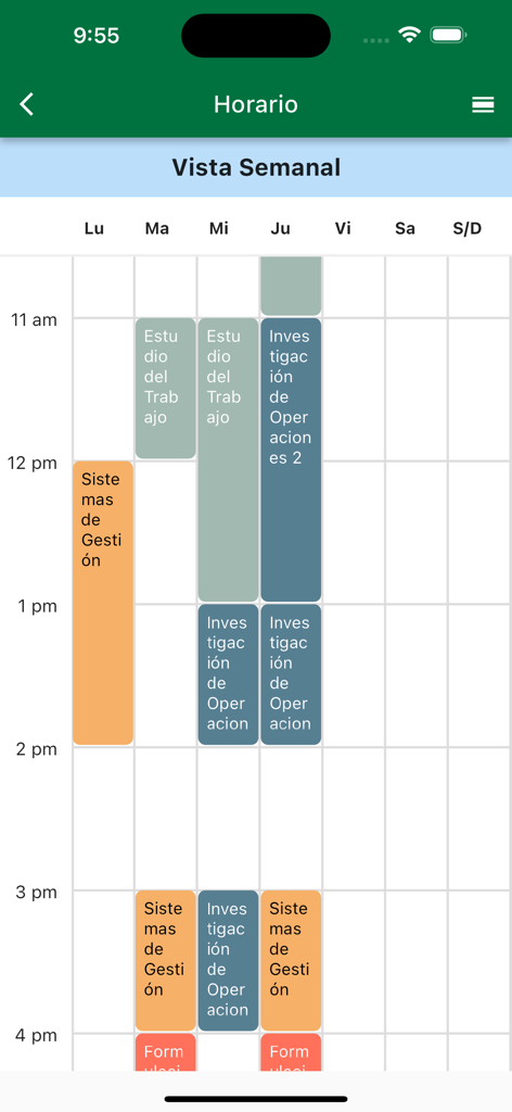 Estudiantes UABC - Weekly class schedule view in the Estudiantes UABC mobile application