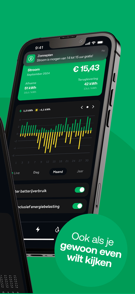 Zonneplan | Energie - Interface do aplicativo Zonneplan mostrando custos de energia em tempo real, dados de consumo e estatísticas de retorno solar em um painel mensal.