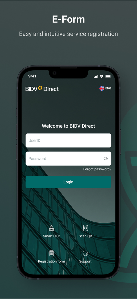 Interface de login do aplicativo móvel BIDV Direct exibindo campos de ID de usuário e senha com opções para formulários de registro e autenticação Smart OTP