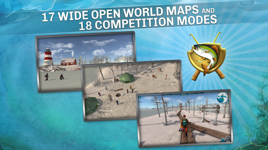 Ice Lakes - Ice Lakes mobile game showing open world maps and competition modes with snowy landscapes.