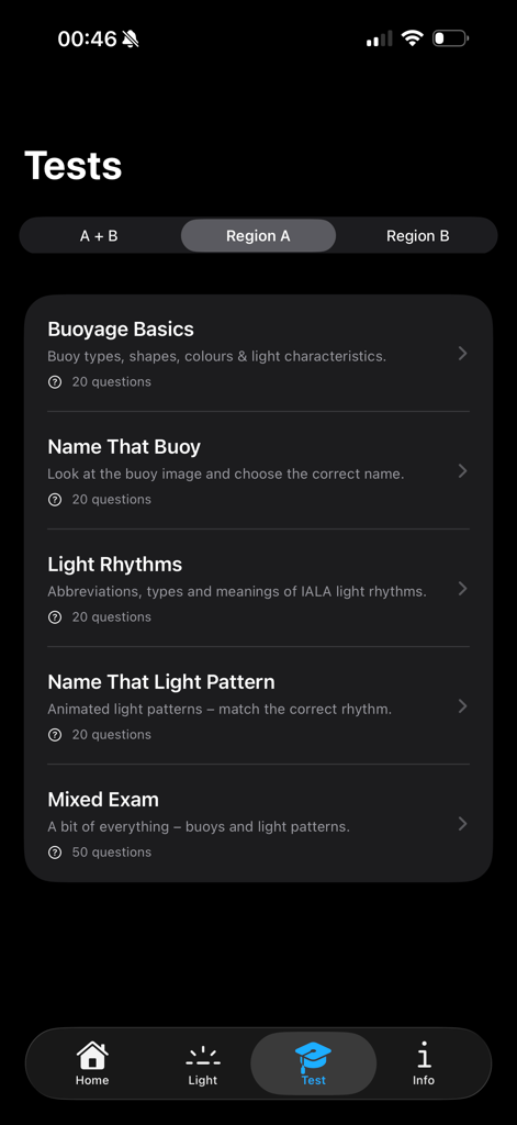Maritime Master – IALA Buoyage - Screenshot of the tests menu in the Maritime Master app showing various maritime navigation quiz categories and IALA region selectors.