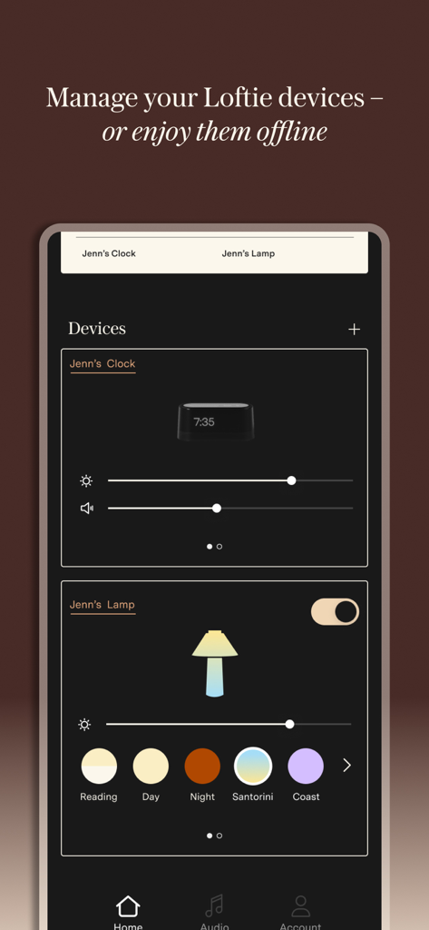 Loftie - Interface of the Loftie app showing controls for a smart clock and lamp, including brightness, volume, and color presets.
