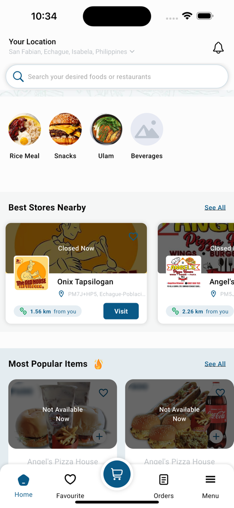 Mobile app home screen of Aly Express showing food categories and local stores nearby