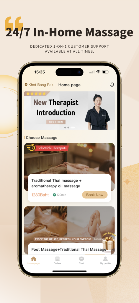 9Nice - Home Massage - Interfaz de la aplicación móvil 9Nice para reservar servicios de masaje tailandés a domicilio 24/7 en Bangkok