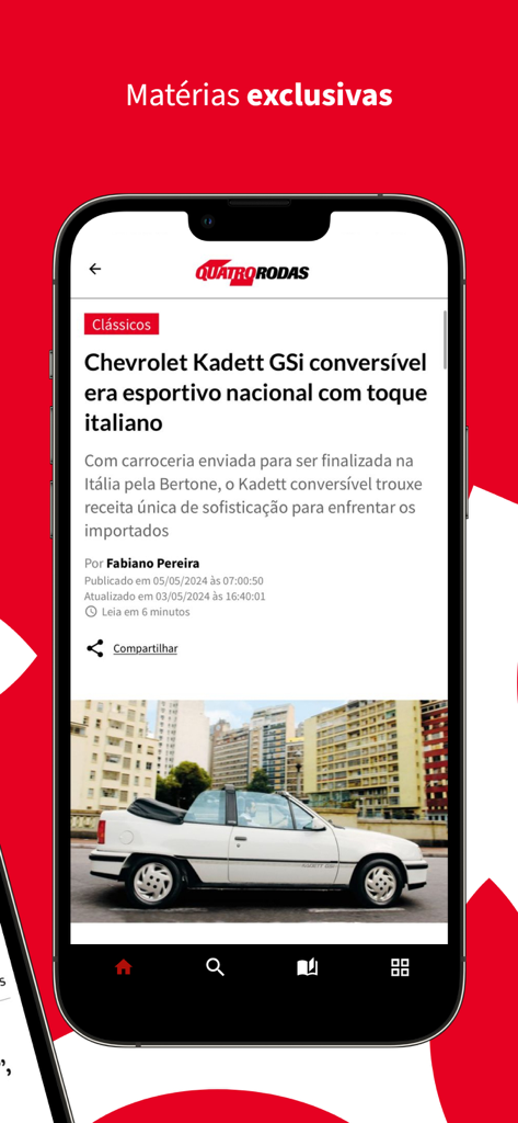 Quatro Rodas - Uma captura de tela do aplicativo móvel Quatro Rodas mostrando um artigo exclusivo sobre um Chevrolet Kadett GSi conversível branco clássico.