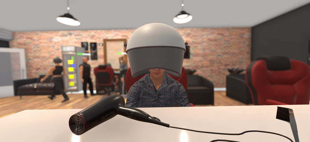 Hair Salon Simulator 3D - A client sitting under a hair dryer hood in a 3D salon interior with a handheld dryer in the foreground.