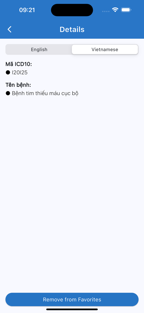 Detail screen of the ICD-10 Dictionary app showing a medical code and disease name in Vietnamese.