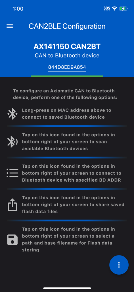 CAN2BLE Configuration - Main configuration screen of the CAN2BLE app showing connection instructions for Axiomatic CAN to Bluetooth devices.