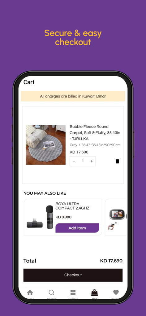 SOOOQ - For a Life Full of Joy - Shopping cart interface of the SOOOQ app featuring a product summary and a checkout button