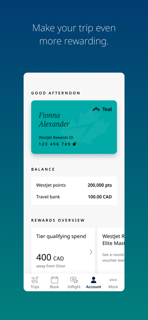 WestJet - Panel de cuenta de la aplicación WestJet que muestra el saldo de puntos de recompensas, fondos del banco de viajes y el estado del nivel de fidelidad para Fionna Alexander.