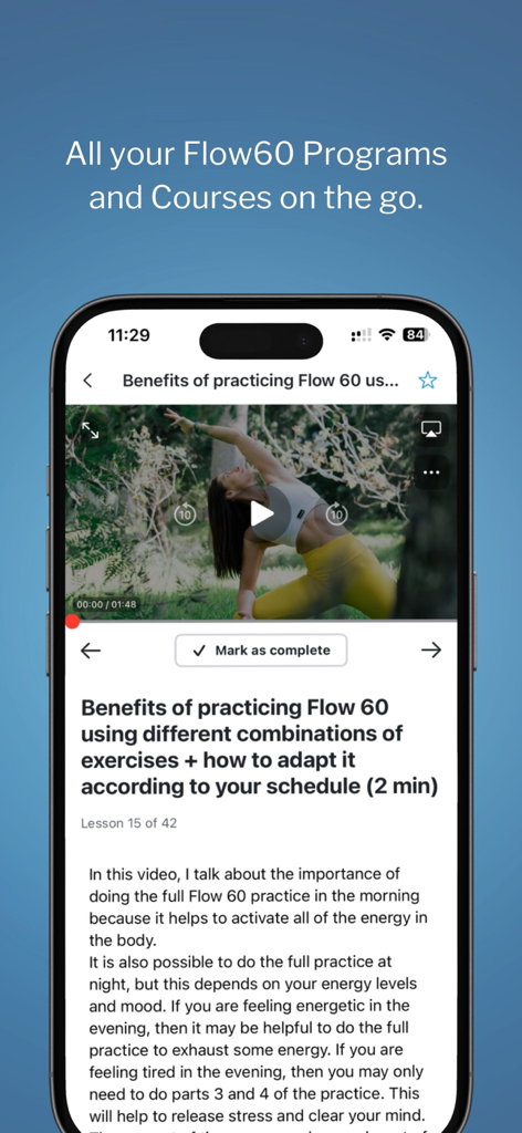 Flow60 by Mike Chang - Flow60 app interface showing a yoga video lesson and practice guide