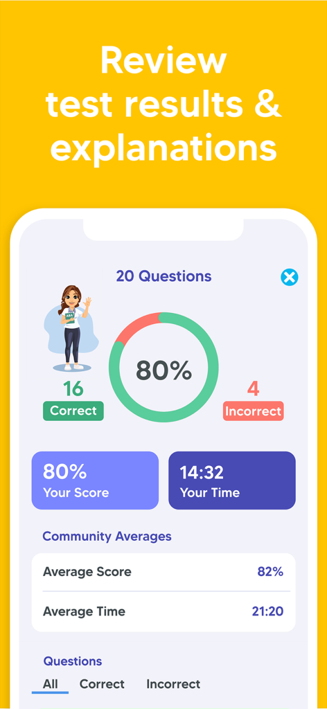 ABA Exam Prep & BCBA Test 2025 - La aplicación ABA Exam Prep muestra los resultados del examen de práctica con una puntuación del 80 por ciento y los promedios de la comunidad.