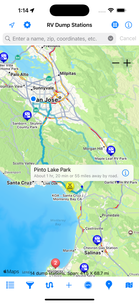 Map interface of the RV Dump Stations app showing location details for Pinto Lake Park in California