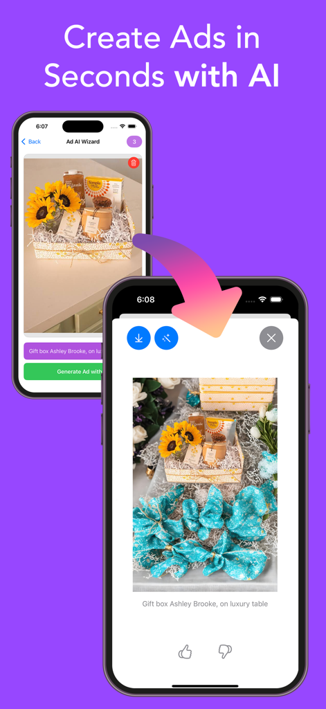 Luw AI - AI Home Design - Interface of Luw AI app showing a transformation of a basic gift box photo into a professional AI generated advertisement