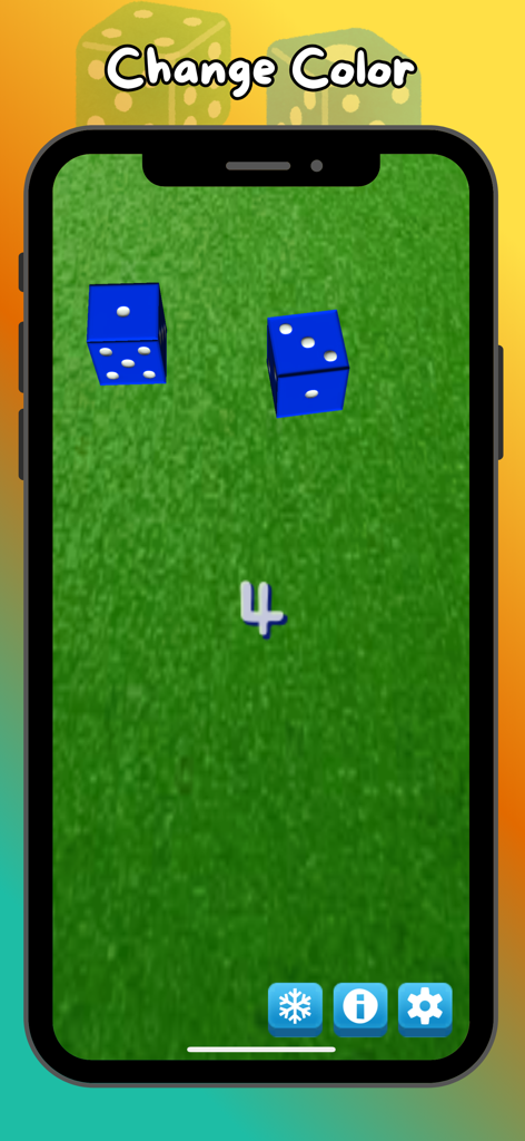 Dice Roller - Shake & Roll - Two blue 3D dice on a green felt background showing a total of four in the Dice Roller app.