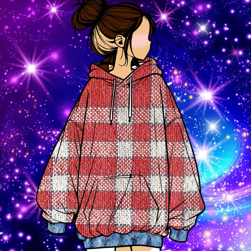 realistic girl with a oversized sweatshirt on and a bun