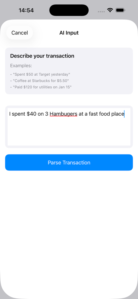Écran montrant la saisie de transactions en langage naturel basée sur l'IA pour une application de suivi de budget