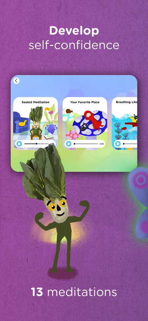 Wisdom app screen featuring guided meditations and a leafy character to help kids develop self-confidence