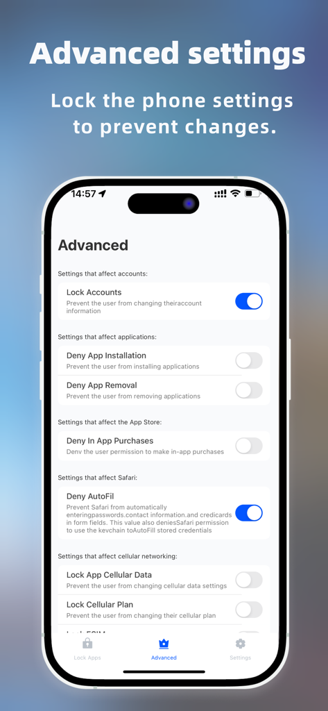 Advanced settings screen of the Lock App showing parental controls and security management toggles