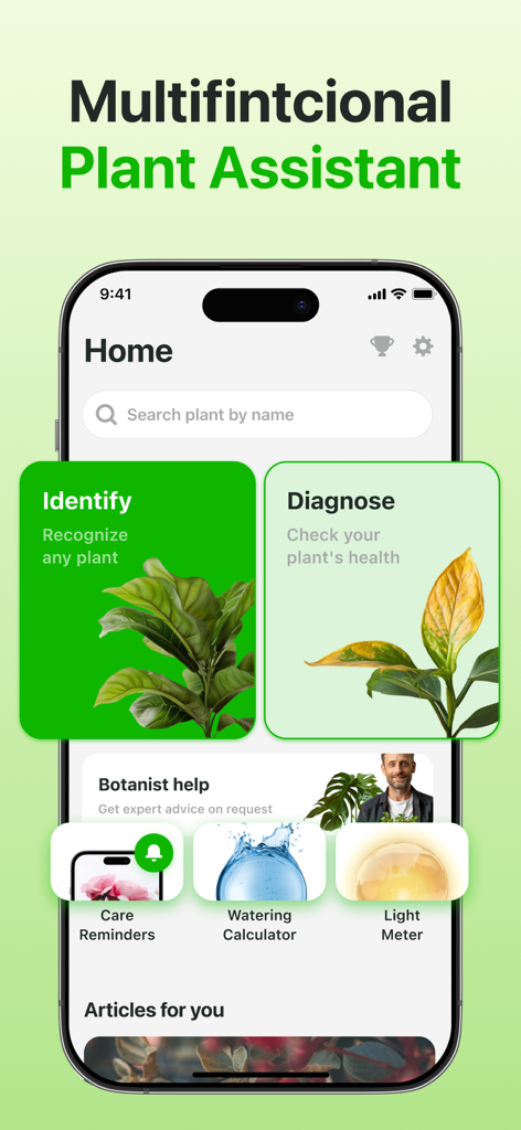 Plant Identifier & Care App - Pantalla de inicio de la aplicación Botan que presenta herramientas de identificación de plantas, diagnóstico y recordatorios de cuidado