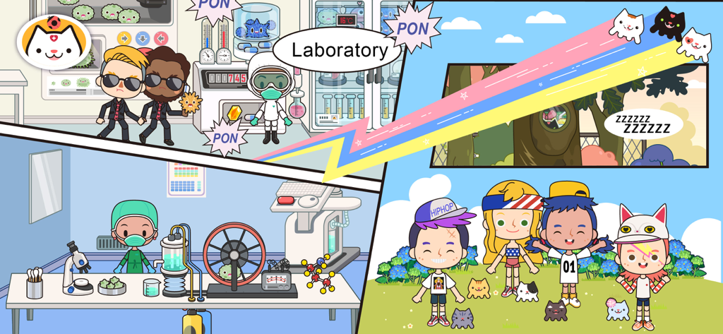 Miga Town My Hospitalアプリの漫画キャラクターが登場する、ラボと屋外プレイシーンをまとめたコラージュ