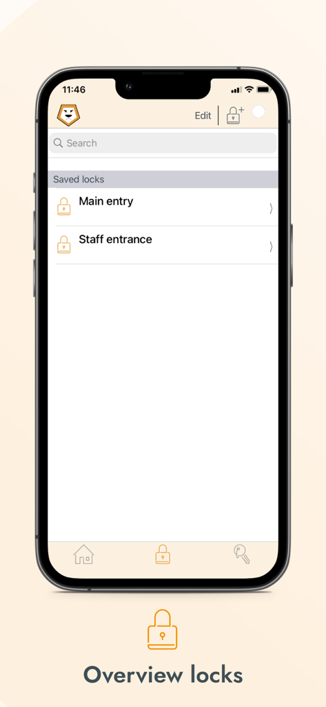 Keyng - Interface of the Keyng app showing a list of saved electronic locks including main entry and staff entrance