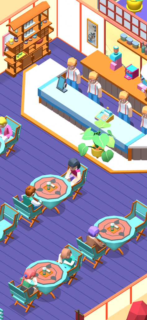 Dream Restaurant - Idle Tycoon - An isometric view of a restaurant interior with staff behind the counter and customers seated at tables in Dream Restaurant Idle Tycoon.