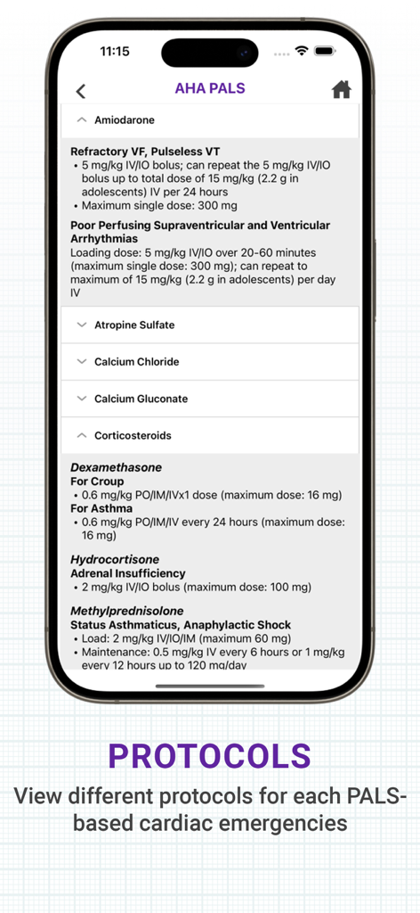 AHA PALS - Interfaz de aplicación móvil que muestra la dosificación de medicamentos pediátricos y protocolos para Amiodarona y Corticosteroides