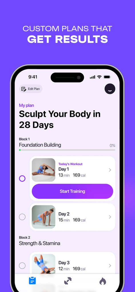 FitEase app interface displaying a personalized 28 day workout plan titled Sculpt Your Body