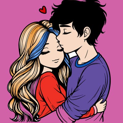 a realistic couple boy and girl hugging and kissing