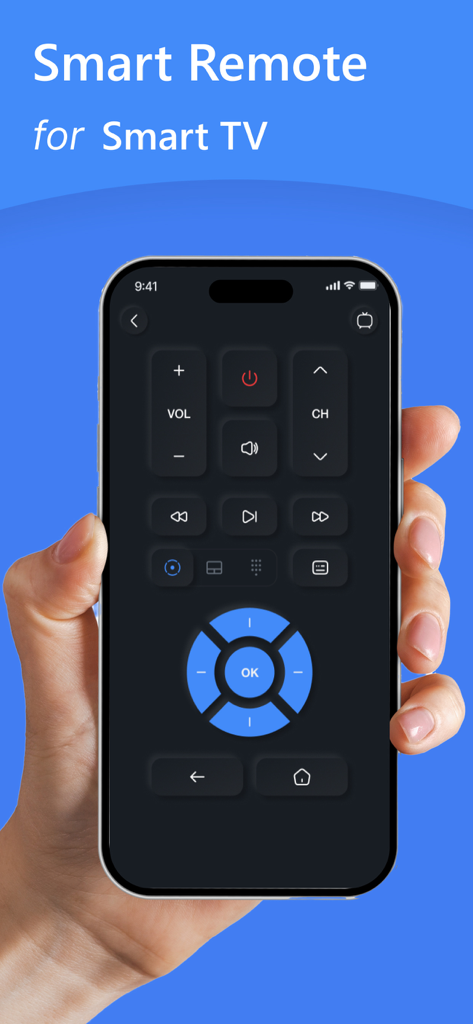 Main tenant un iPhone affichant l'interface de contrôle Smart Remote pour Smart TV