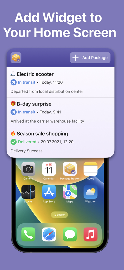 Package Tracker: Track Parcels - Widget de la aplicación Rastreador de Paquetes en la pantalla de inicio de un iPhone que muestra el estado de envío en tiempo real de múltiples paquetes