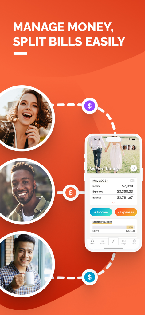 Sharerooアプリのインターフェース。家計の管理とパートナーやルームメイトとの経費分割。