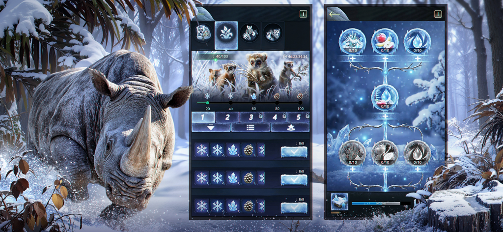Interfaz del juego de estrategia que muestra un rinoceronte en un bosque nevado y menús de mejora de animales