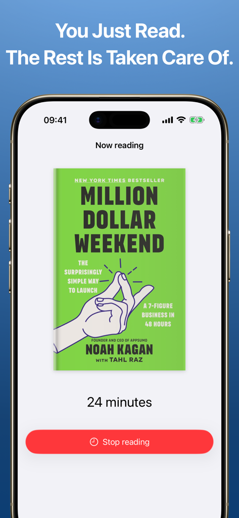 Schermata iPhone che mostra l'app Reading Time che tiene traccia di una sessione di lettura per il libro Million Dollar Weekend