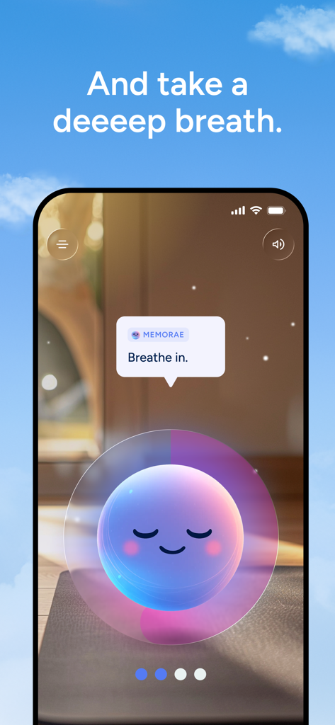 Memorae - Memorae app interface showing a guided breathing exercise with a calm orb character and the message Breathe in.