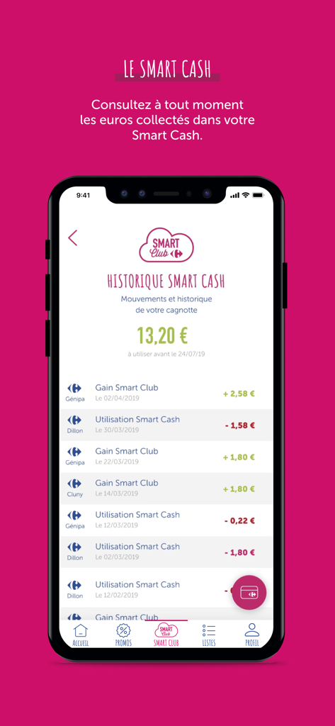 Carrefour Martinique - Carrefour Martinique app interface displaying Smart Cash loyalty balance and transaction history