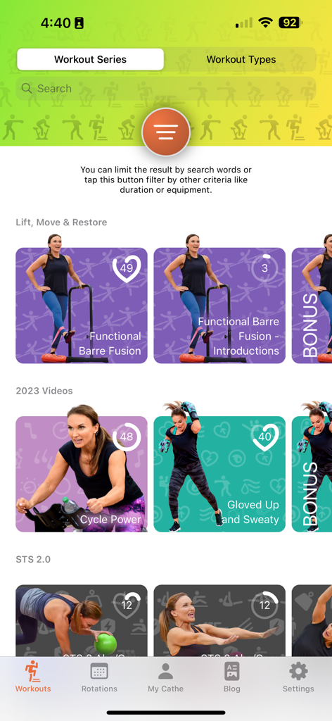 Cathe OnDemand - Cathe OnDemand app screen displaying a variety of fitness workout series including barre and cycle programs.