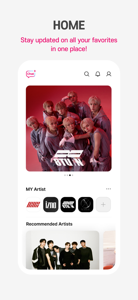 Home screen of the Plus Chat for K-POP app showing artist updates and followed group profiles like 8TURN and iKON