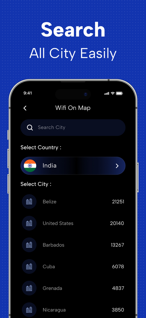 Der Bildschirm zur Auswahl von Stadt und Land in der WiFi on Map-App.