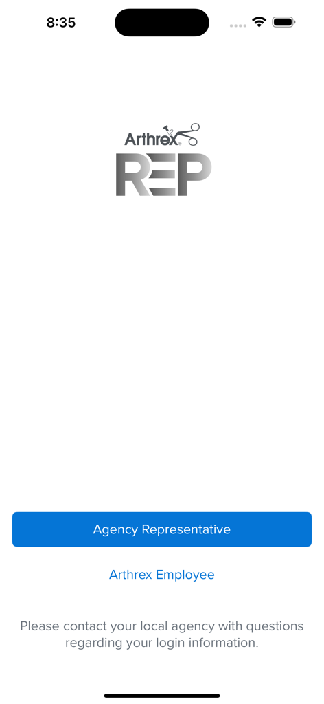 Arthrex Rep app login screen for medical sales representatives