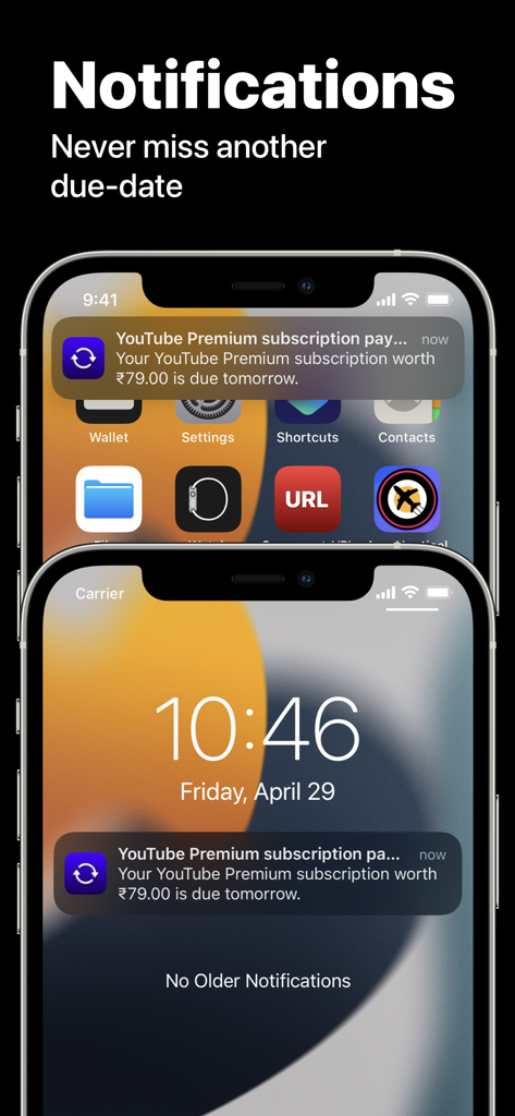 Subscription Manager - Recur - iPhone lock screen and home screen showing a subscription renewal notification from the Recur app